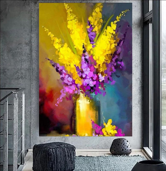 Vibrant abstract flower jar painting with yellow, purple and pink flowers on canvas.