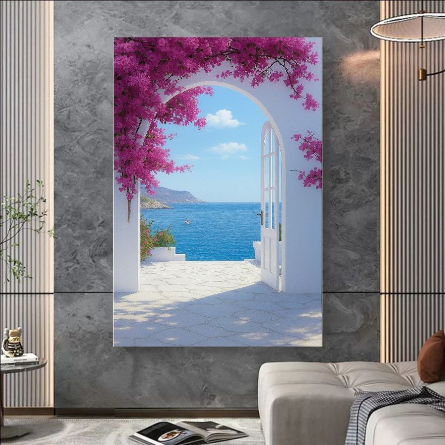 A dreamy coastal view framed by a white arched doorway and vibrant pink bougainvillea, overlooking a calm blue sea