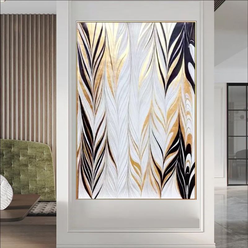 Feathers of Elegance – Abstract Gold, Black & White Feather-Inspired Artwork