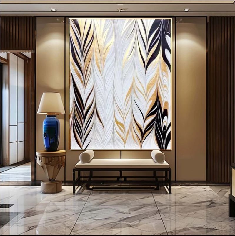 Feathers of Elegance – Abstract Gold, Black & White Feather-Inspired Artwork