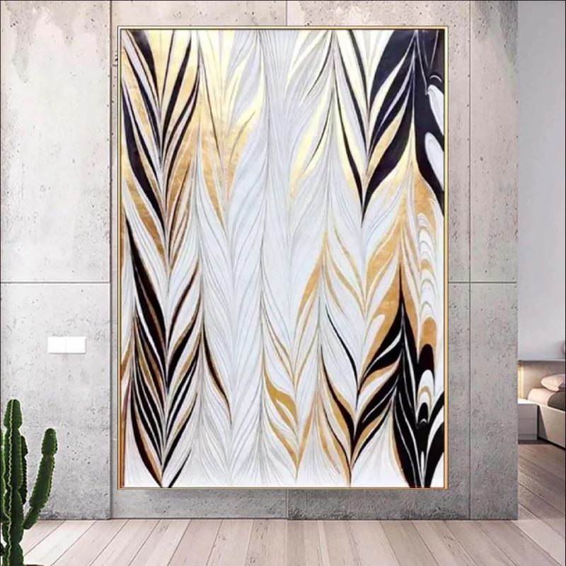 Feathers of Elegance – Abstract Gold, Black & White Feather-Inspired Artwork