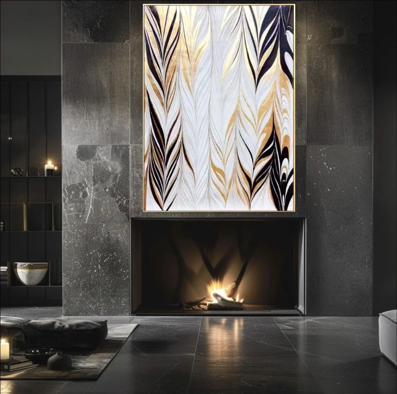 Feathers of Elegance – Abstract Gold, Black & White Feather-Inspired Artwork
