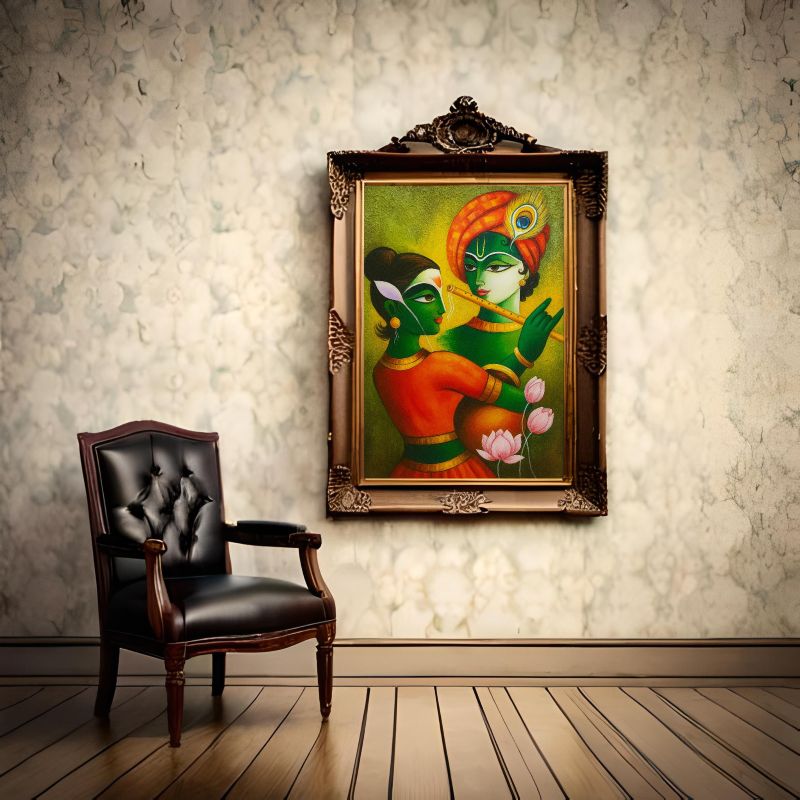 Abstract Radha Krishna painting with vibrant colors and symbolic elements, perfect for spiritual and Indian art decor.