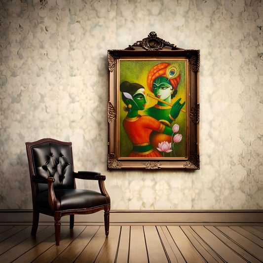 Abstract Radha Krishna painting with vibrant colors and symbolic elements, perfect for spiritual and Indian art decor.