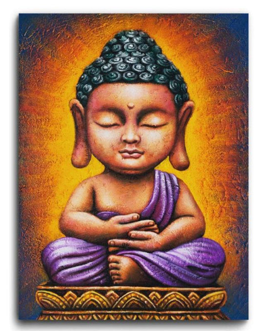 Golden Glow Baby Buddha painting with serene expression, warm golden tones, and peaceful ambiance – ideal for calm and meditative home wall decor.