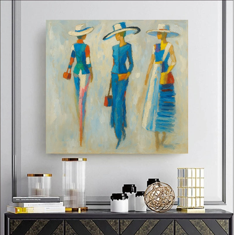 Abstract painting of three fashion-forward women in bold blue outfits