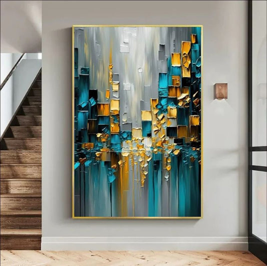 Abstract art painting with blue, gold, and gray colors on a wall above a staircase.