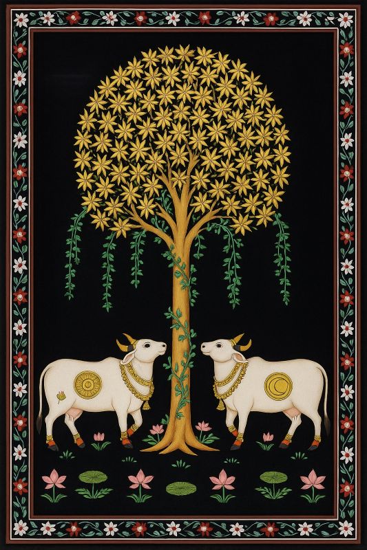 Cow Pichwai Painting – Indian Art with Tree of Life
