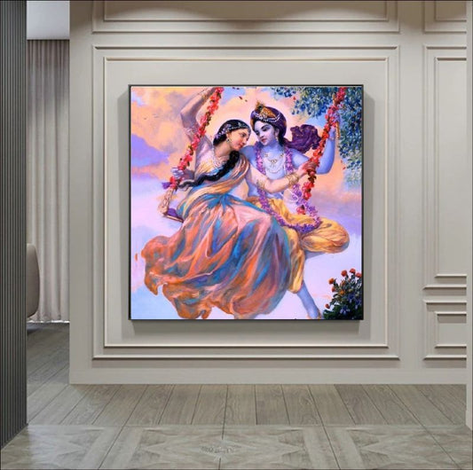 A painting depicting the Hindu deities Radha and Krishna seated on a swing, with floral motifs and a blue sky background.