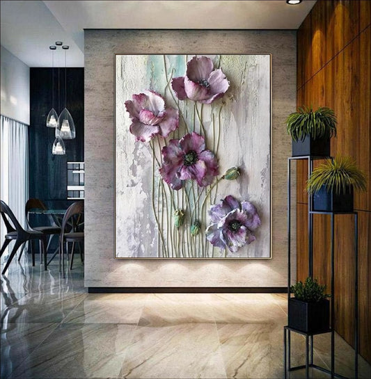 Dreamy textured floral painting with lavender and blush tones – available as a handmade canvas or fine art print for romantic and modern interiors.