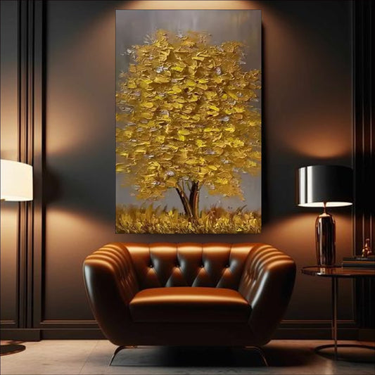 Abstract golden tree painting with thick textured leaves – available as handmade canvas or fine art print for modern and luxury interior decor.