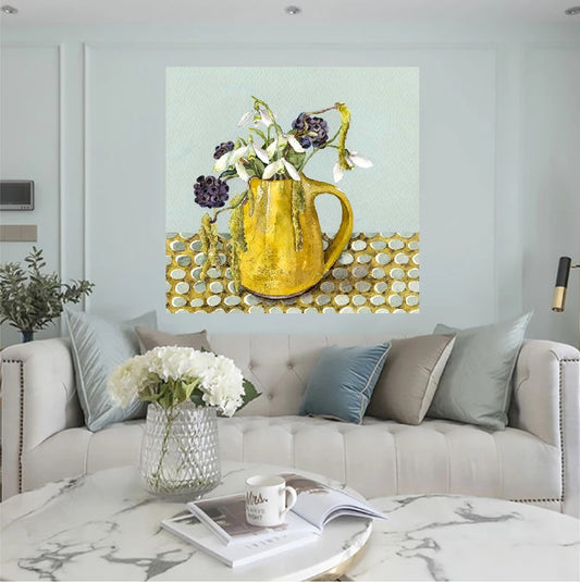Floral still life painting with yellow vase and white blossoms – available as a handmade artwork or fine art print for cottage core and cozy home decor