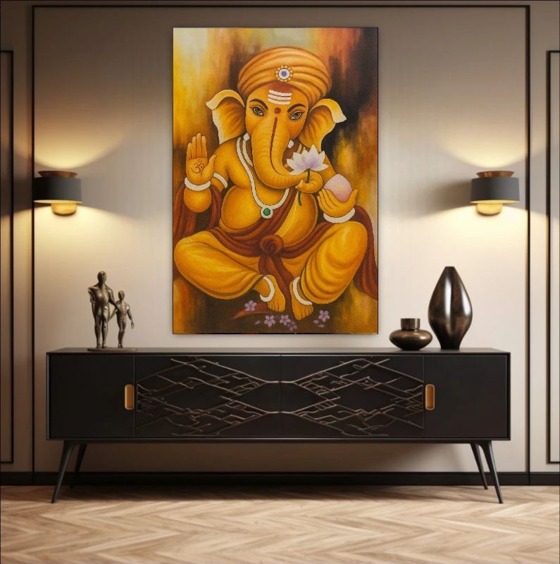 Decorative interior with a painting of a god ganesha on the wall above a black cabinet