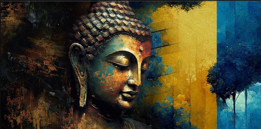A radiant Buddha artwork surrounded by a golden glow, exuding peace and serenity.
