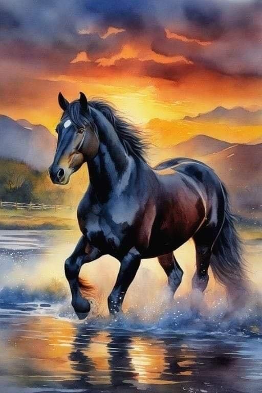 Sunlit Grace - Black Horse Galloping Through Water Canvas Art
