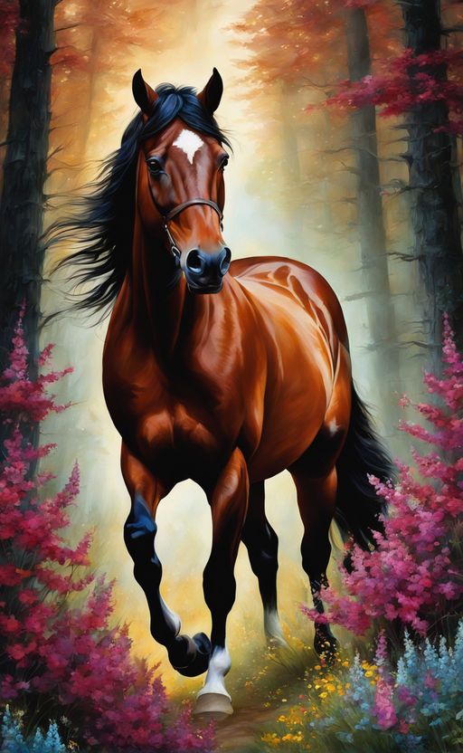 Wild Elegance in a Floral Haven - A Majestic Horse Amid Nature’s Beauty