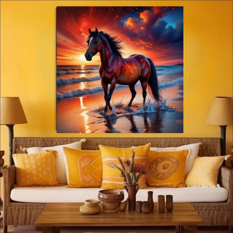 Ocean's Flame - A Horse's Journey - Majestic Beauty in a Sunset Landscape