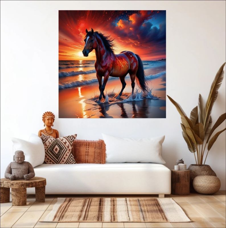 Ocean's Flame - A Horse's Journey - Majestic Beauty in a Sunset Landscape