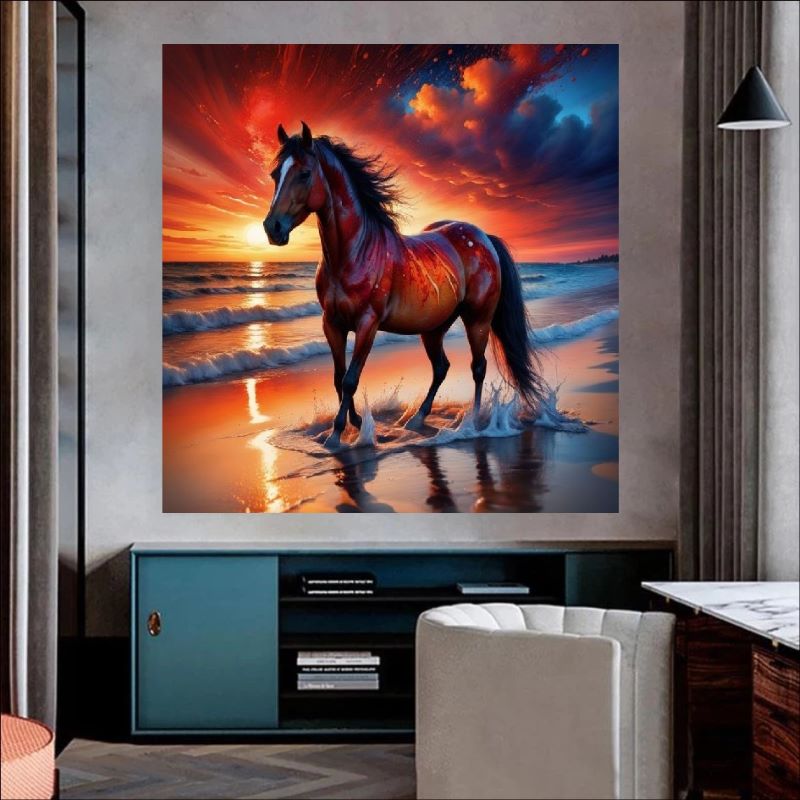 Ocean's Flame - A Horse's Journey - Majestic Beauty in a Sunset Landscape