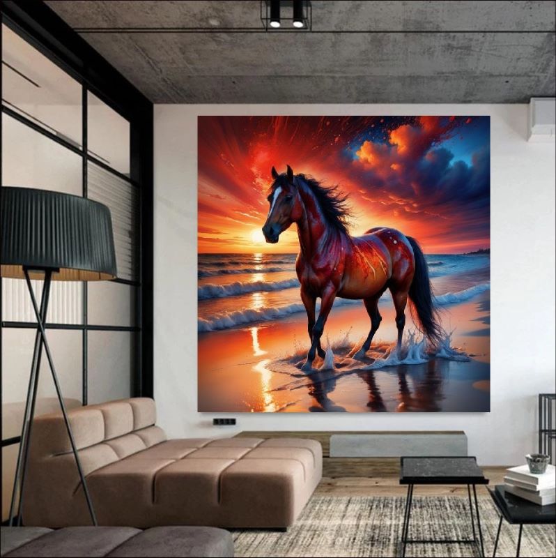 Ocean's Flame - A Horse's Journey - Majestic Beauty in a Sunset Landscape