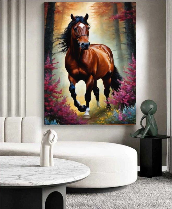 Wild Elegance in a Floral Haven - A Majestic Horse Amid Nature’s Beauty