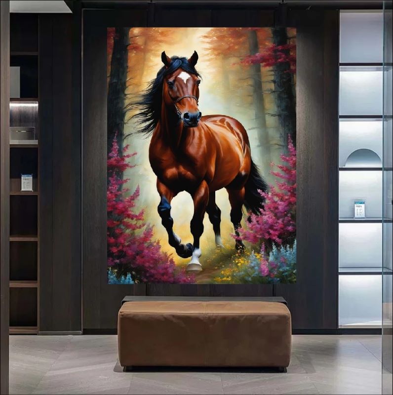 Wild Elegance in a Floral Haven - A Majestic Horse Amid Nature’s Beauty