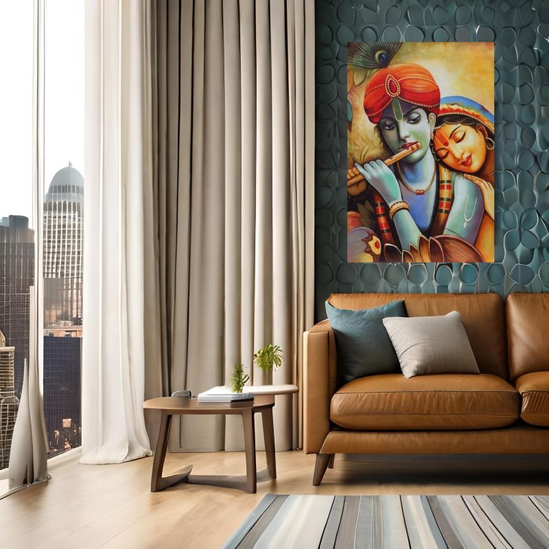 Modern living room with a painting of Radha and Krishna on the wall, a brown sofa, and cityscape view.