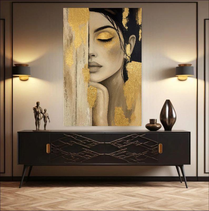 Gold leaf female portrait wall art with soft neutral tones