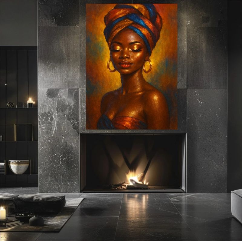 Confident African woman in vibrant headwrap with golden eyeshadow.