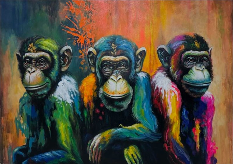 Three Monkey Wall Art – Colorful Canvas Painting