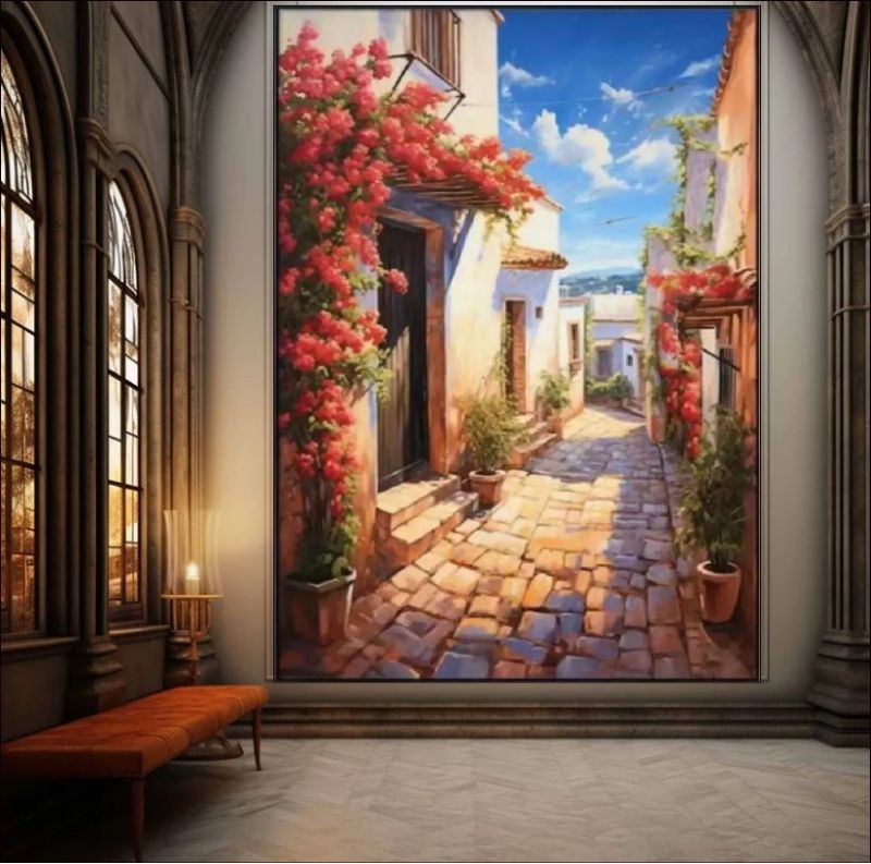Mediterranean alley oil painting titled "Village Bloom" with flowers.