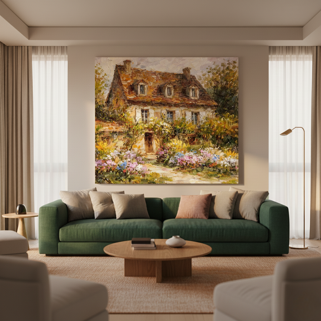 Modern minimalist living room with a large navy and gold abstract impasto painting above a beige plush sofa, luxury interior design photography.