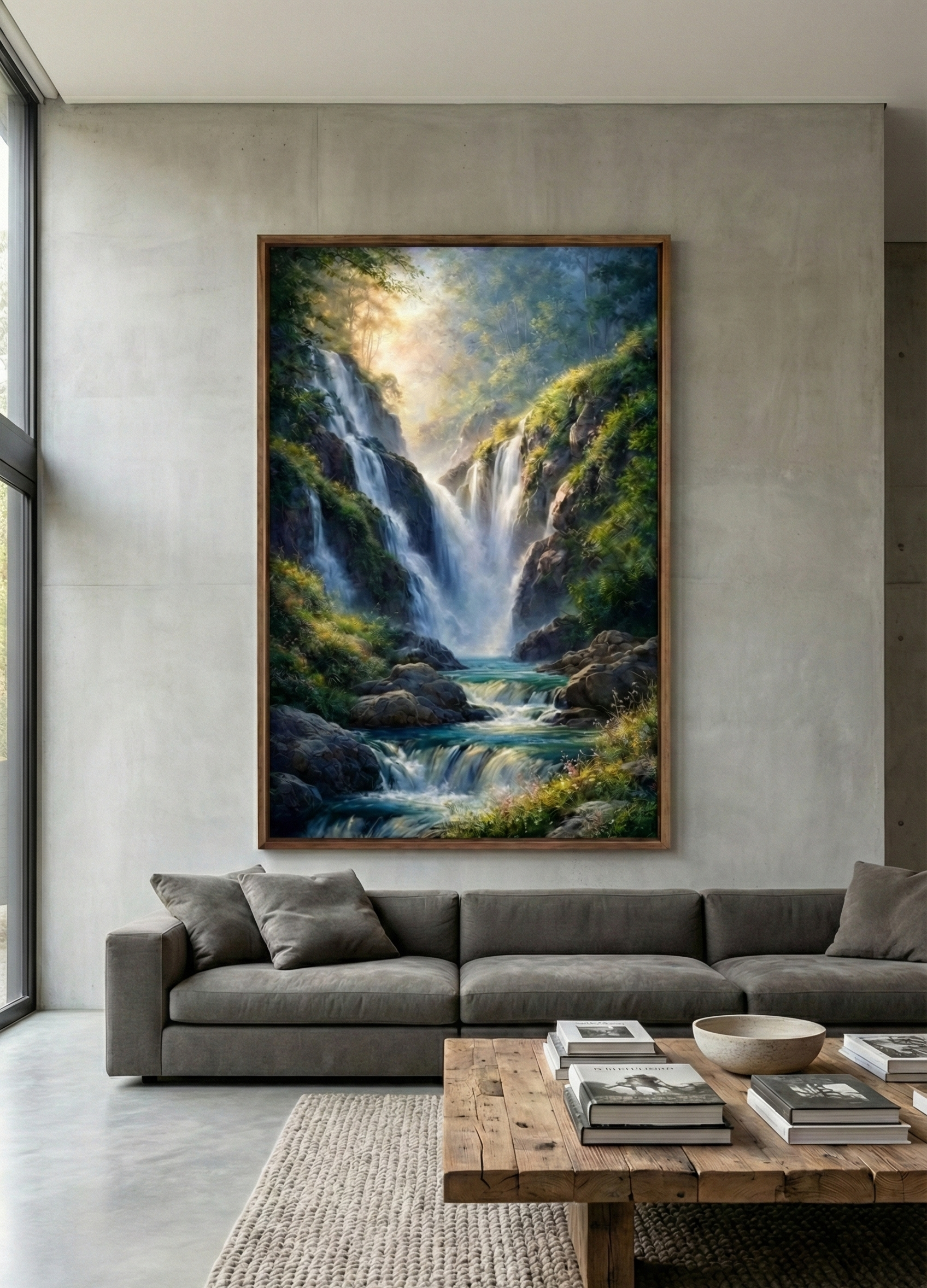 Cascading Light – Ethereal Forest Waterfall Art