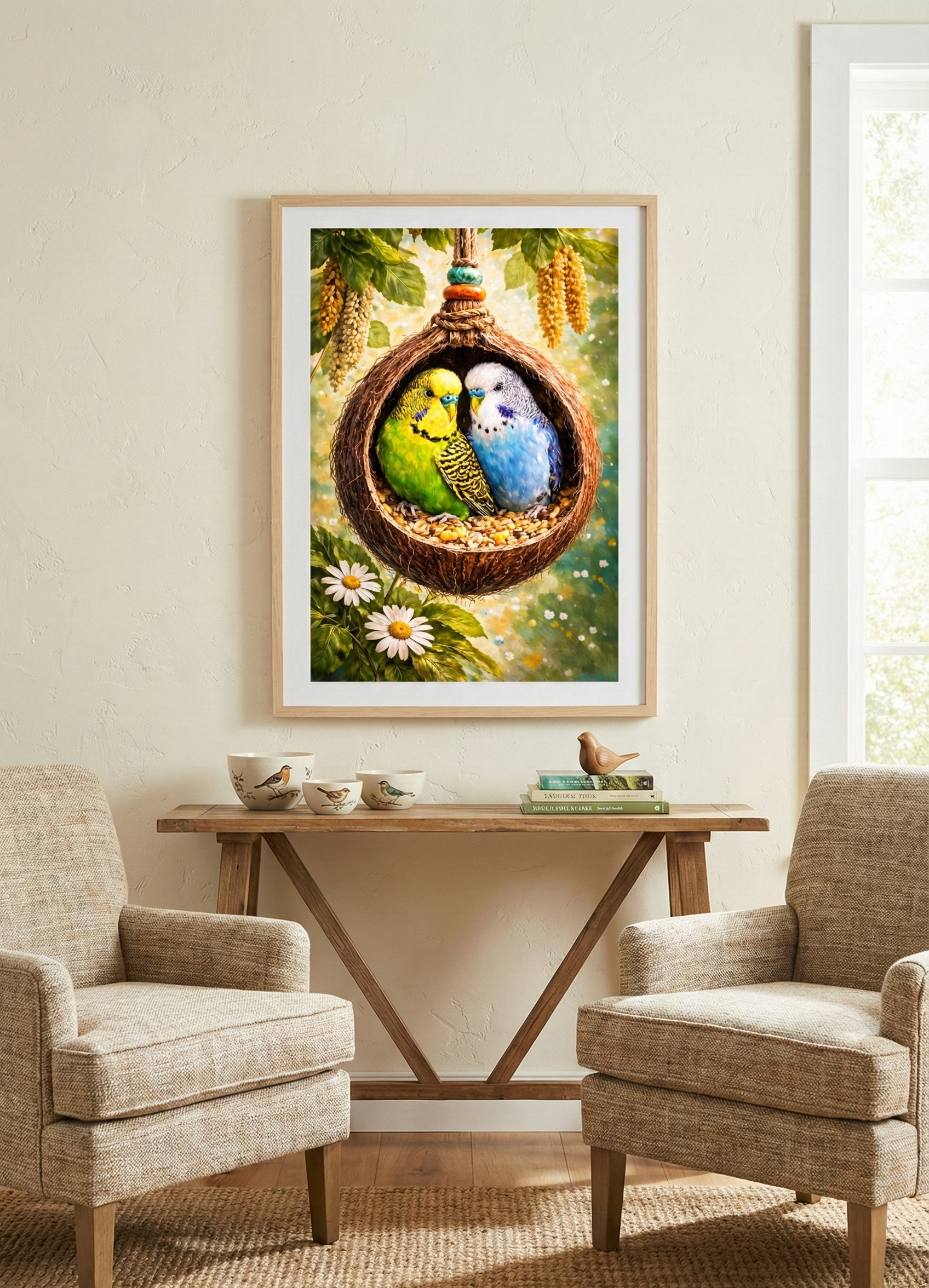 Cozy Nestlings – Budgies in a Coconut Shell Art