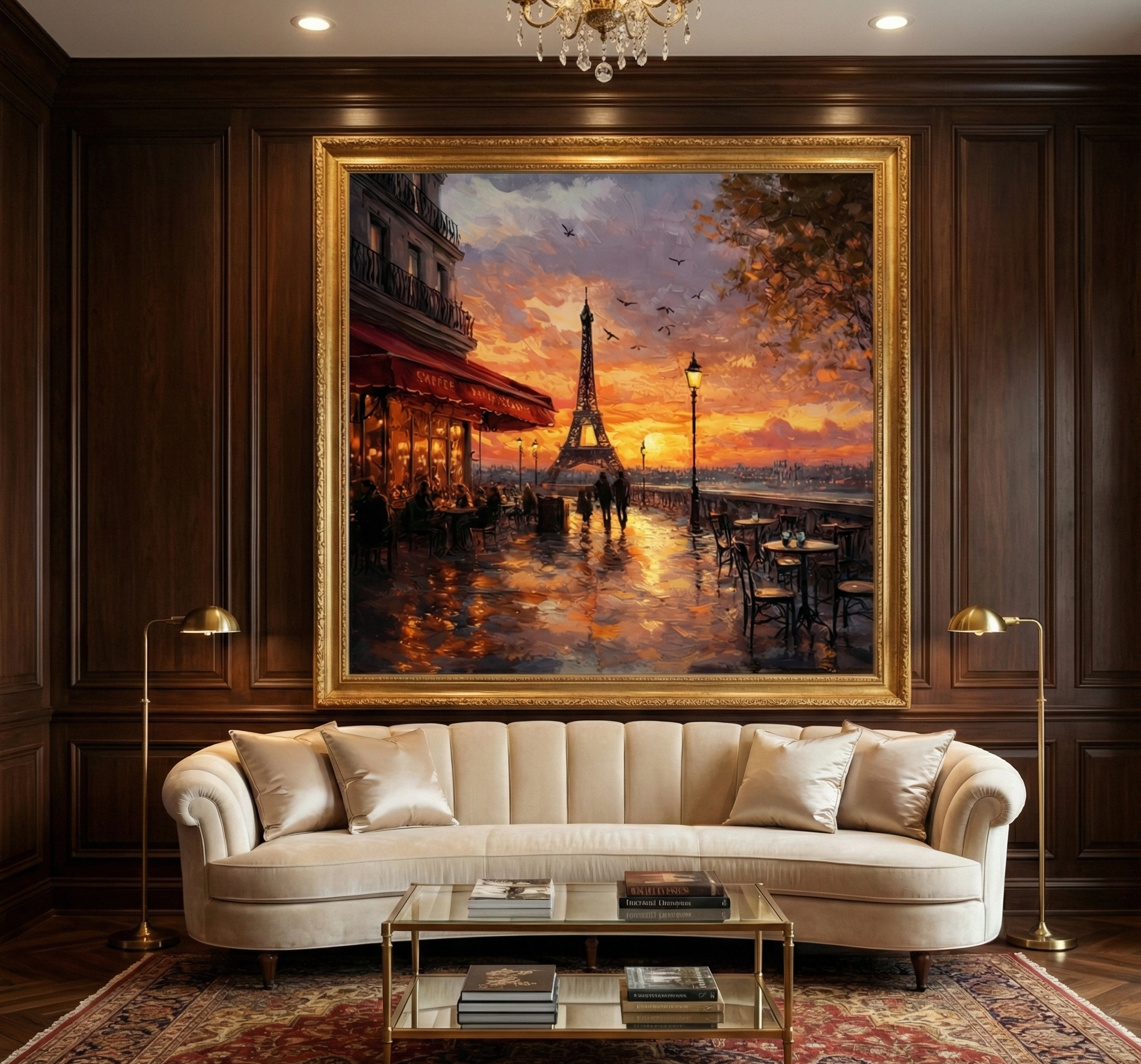 Impressionist oil painting of a Paris street cafe at sunset with the Eiffel Tower in the background, featuring warm orange, red, and golden light.