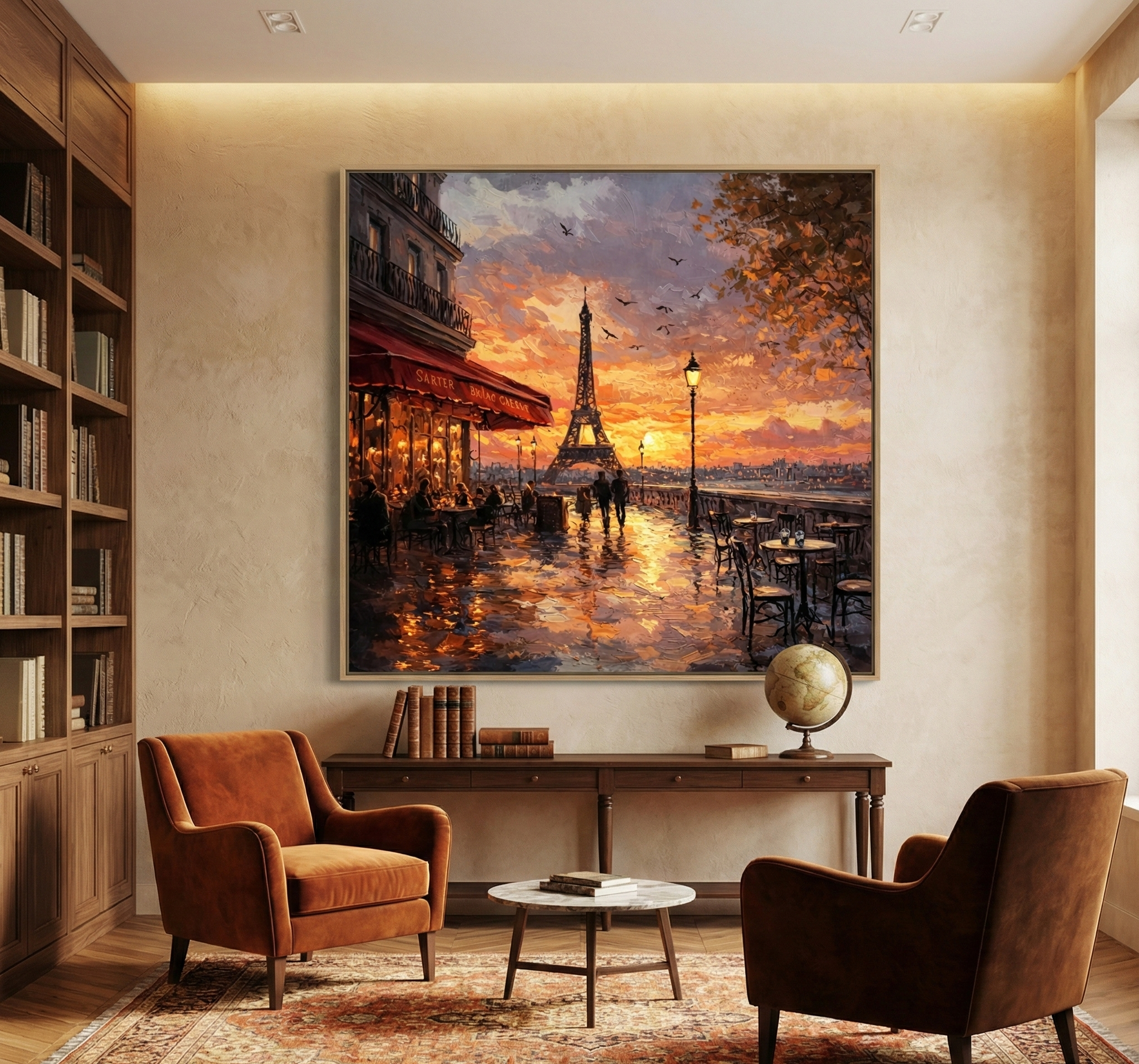 Impressionist oil painting of a Paris street cafe at sunset with the Eiffel Tower in the background, featuring warm orange, red, and golden light.