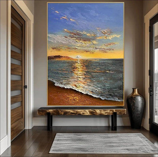 Handmade textured oil painting of a peaceful beach sunset with golden reflections on the ocean waves. A serene seascape artwork perfect for coastal decor