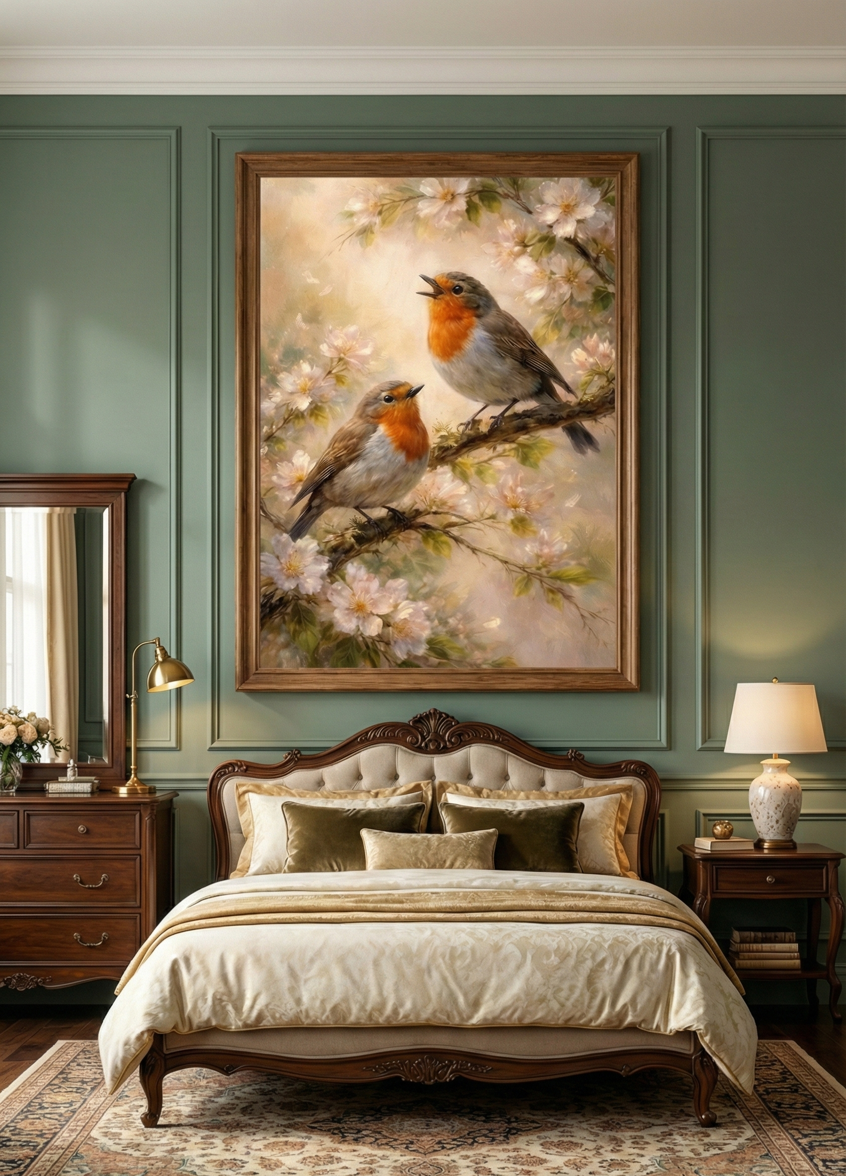 A beautiful wildlife painting featuring two European Robins with orange breasts perched on branches filled with white apple blossoms in soft spring light.