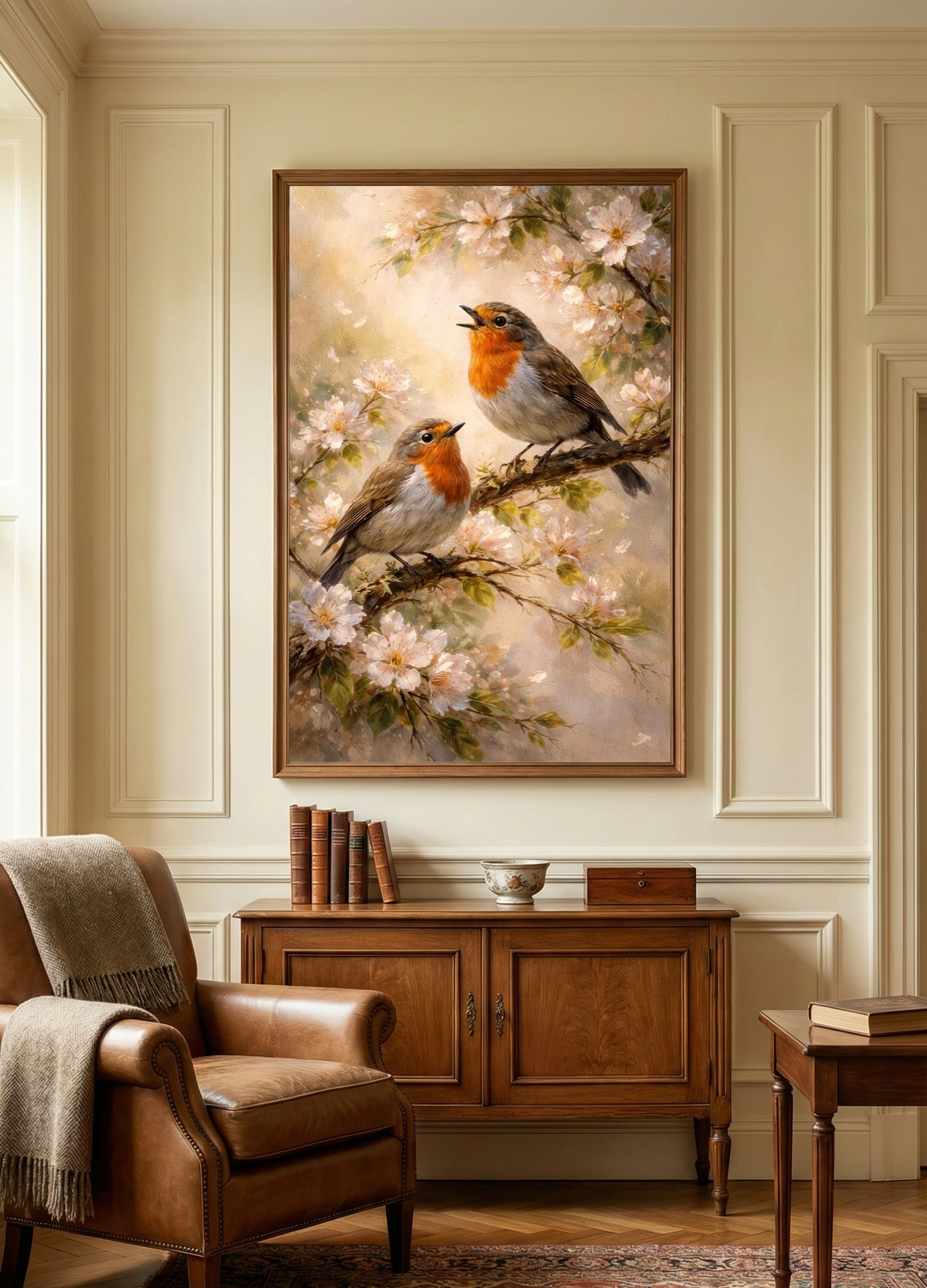 A beautiful wildlife painting featuring two European Robins with orange breasts perched on branches filled with white apple blossoms in soft spring light.