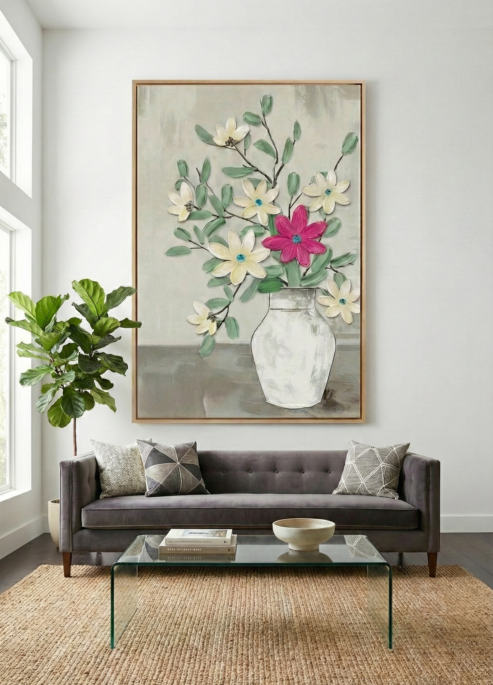 Ivory Elegance – Textured Floral Bouquet Art