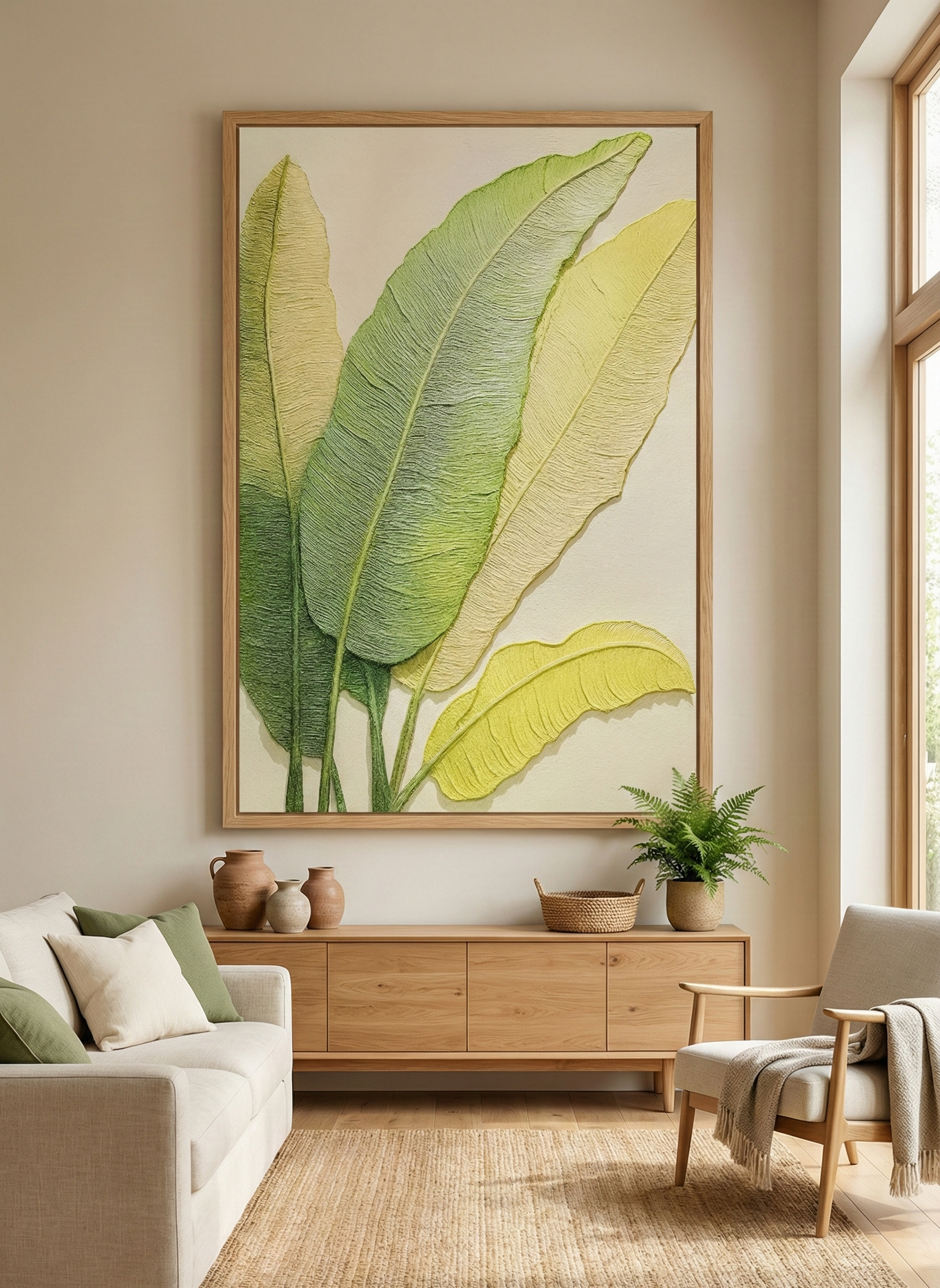 A modern botanical painting featuring large, textured tropical leaves in shades of green and pale yellow against a light, neutral background.