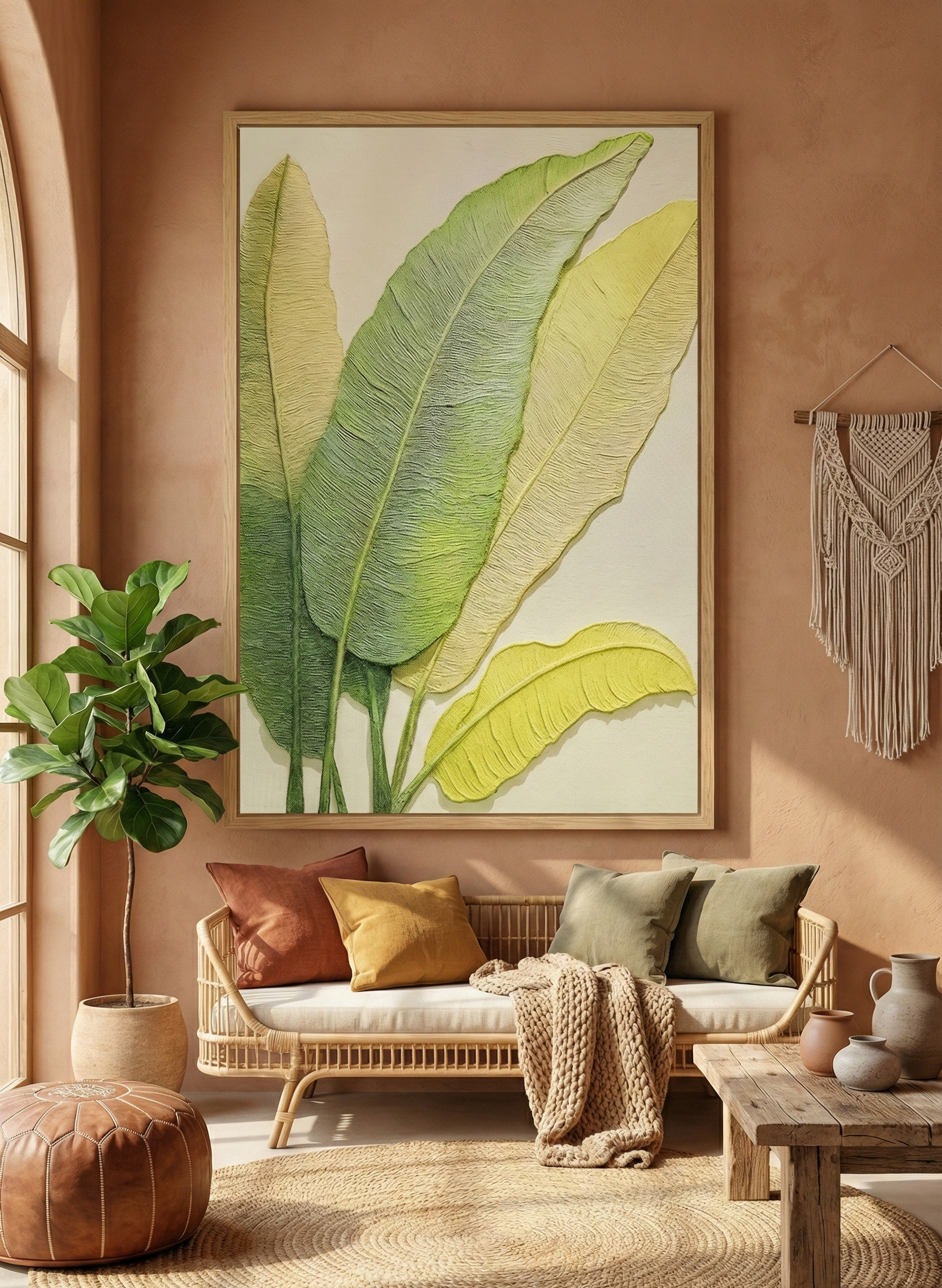 A modern botanical painting featuring large, textured tropical leaves in shades of green and pale yellow against a light, neutral background.