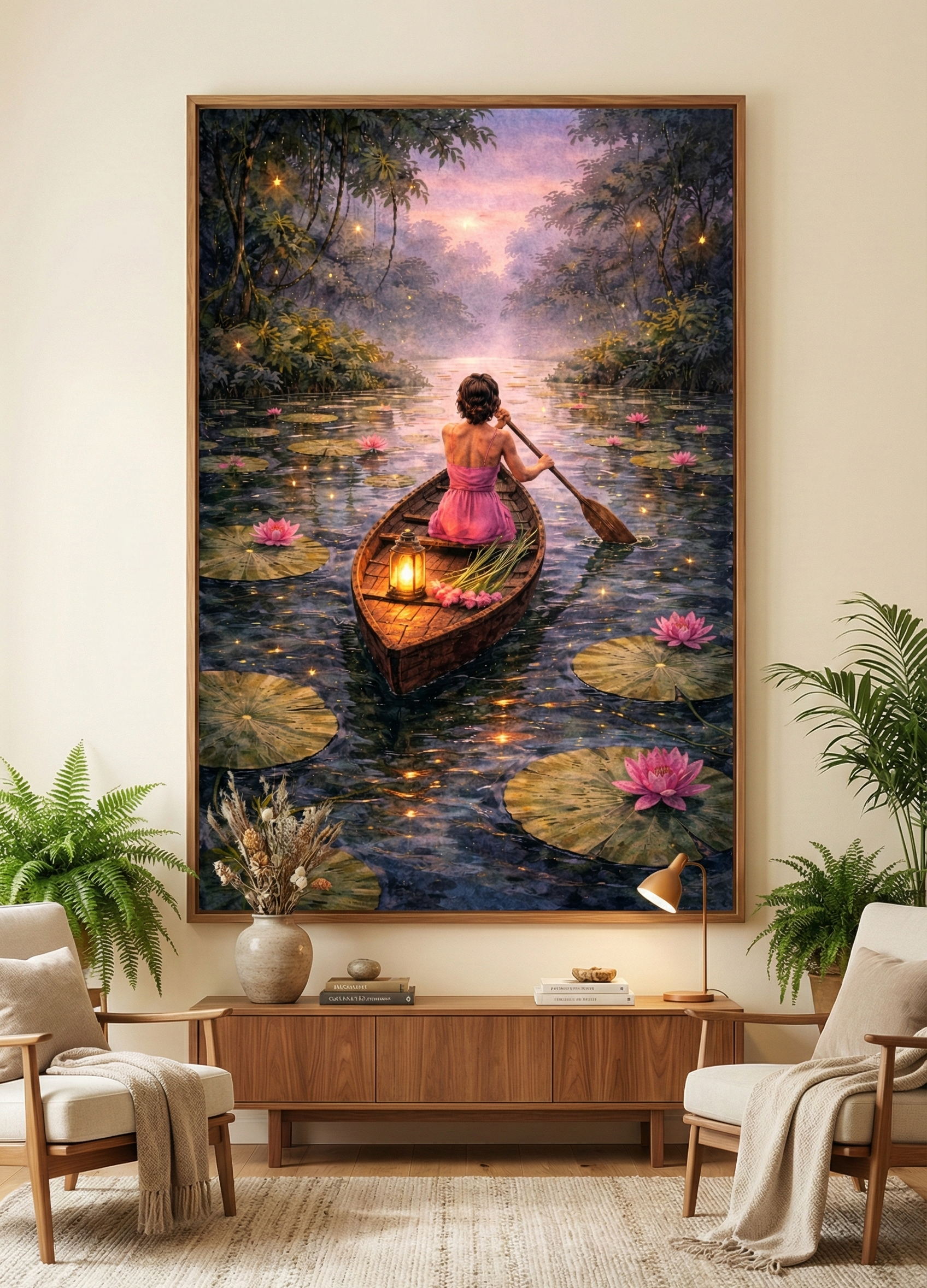 Twilight Journey – Dreamlike Rowboat and Water Lily Art