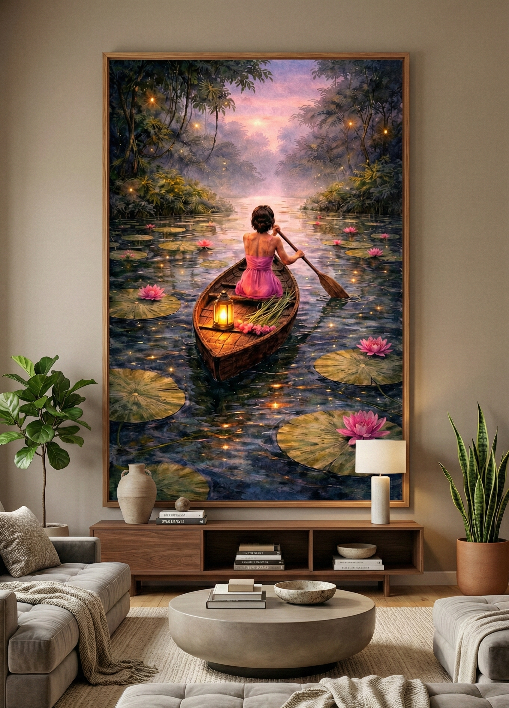 Twilight Journey – Dreamlike Rowboat and Water Lily Art