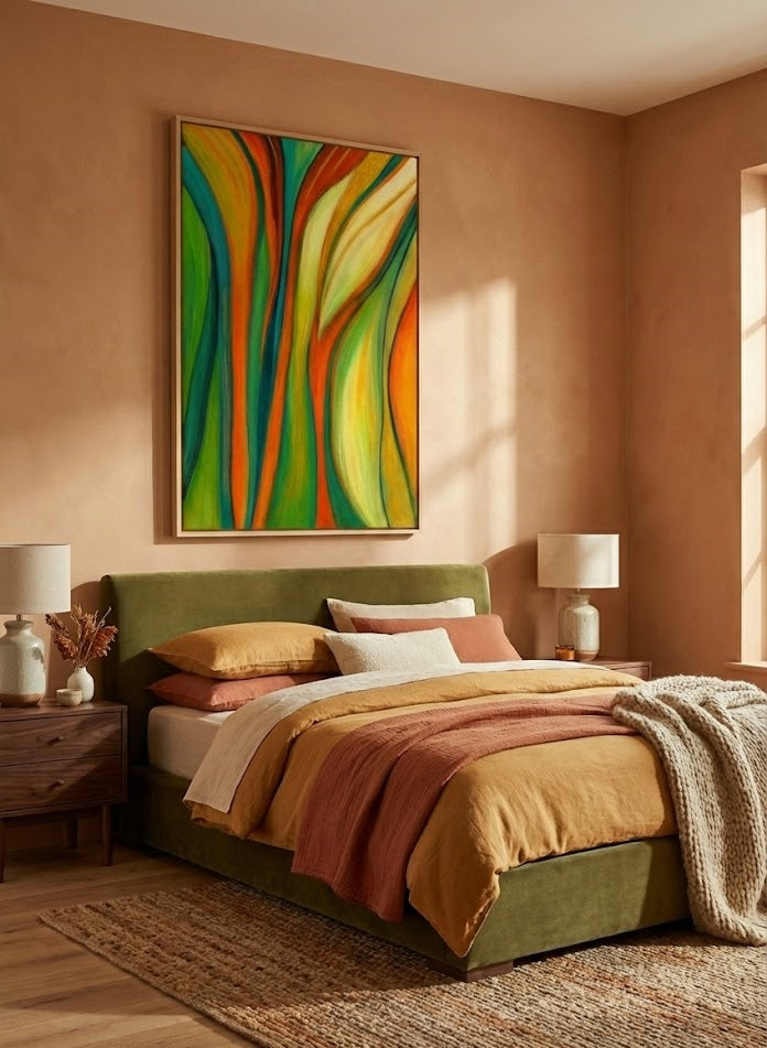 Vibrant abstract modern wall art featuring flowing organic lines in emerald green, bright orange, and golden yellow, perfect for contemporary home decor.