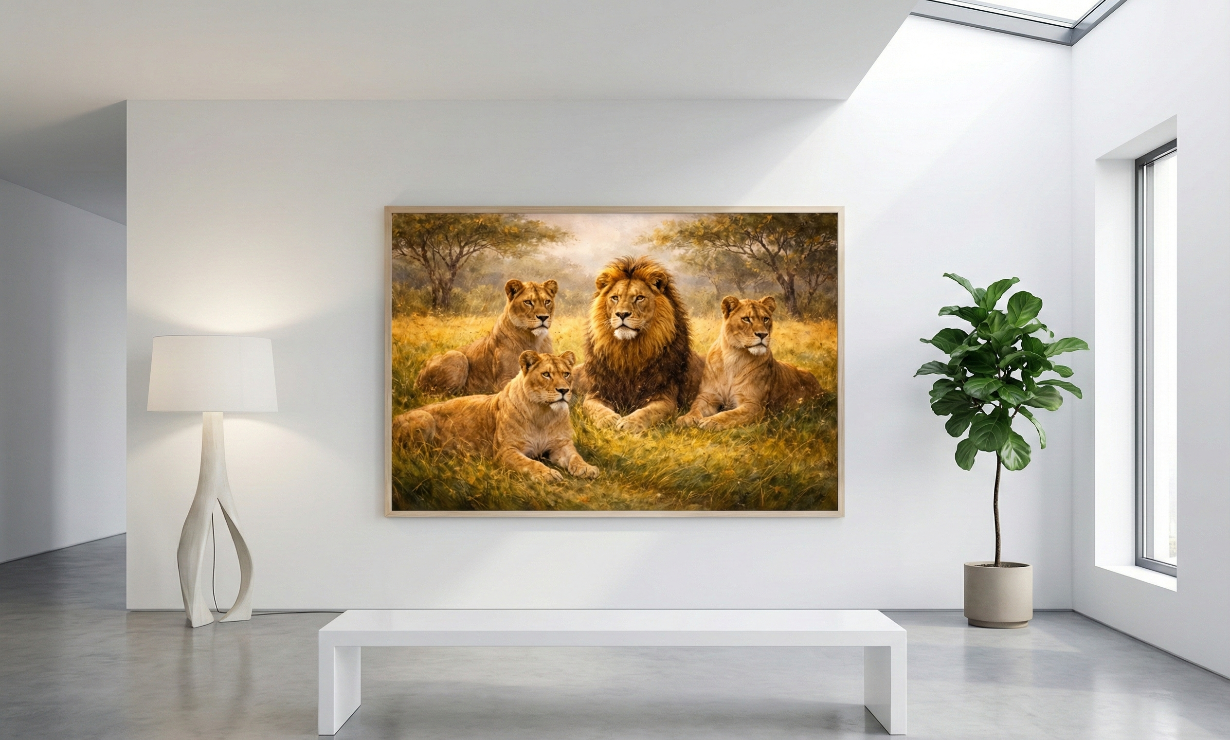 Detailed wildlife painting of a majestic male lion with a full mane sitting with three lionesses in a sun-lit golden savannah landscape