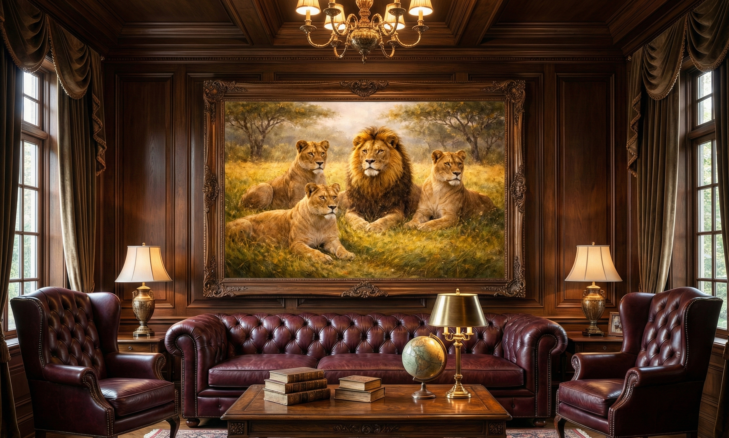 Detailed wildlife painting of a majestic male lion with a full mane sitting with three lionesses in a sun-lit golden savannah landscape