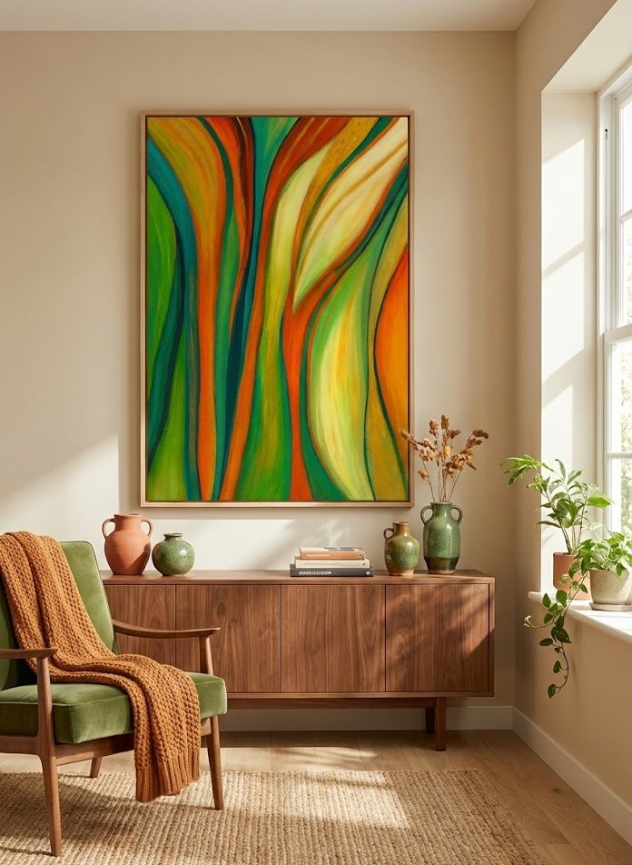 Vibrant abstract modern wall art featuring flowing organic lines in emerald green, bright orange, and golden yellow, perfect for contemporary home decor.