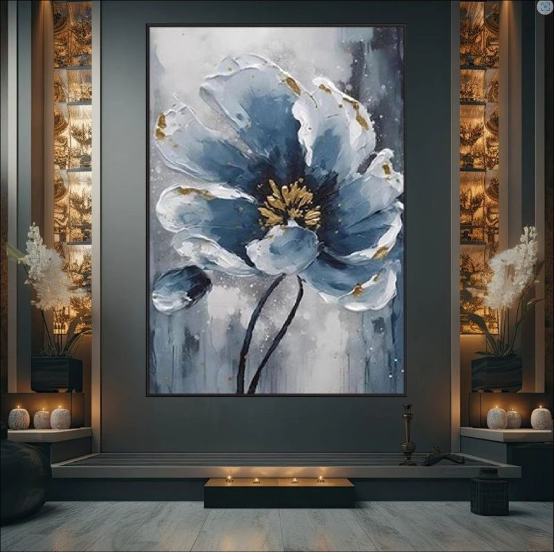 Moody blue floral painting with gold accents – handmade canvas or fine art print for modern, luxury, or moody wall decor.