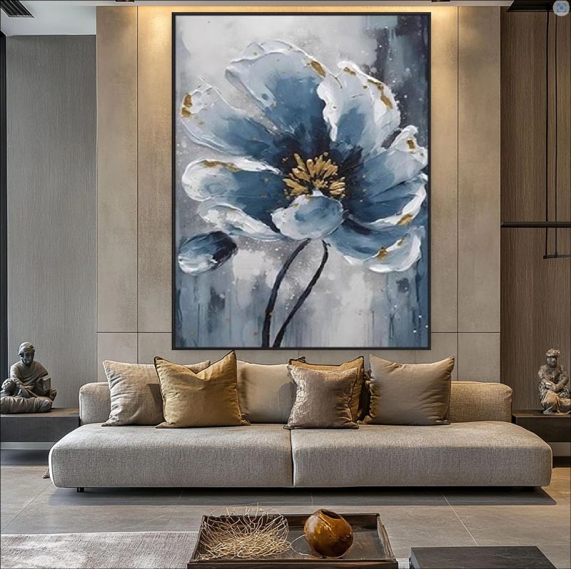 Moody blue floral painting with gold accents – handmade canvas or fine art print for modern, luxury, or moody wall decor.